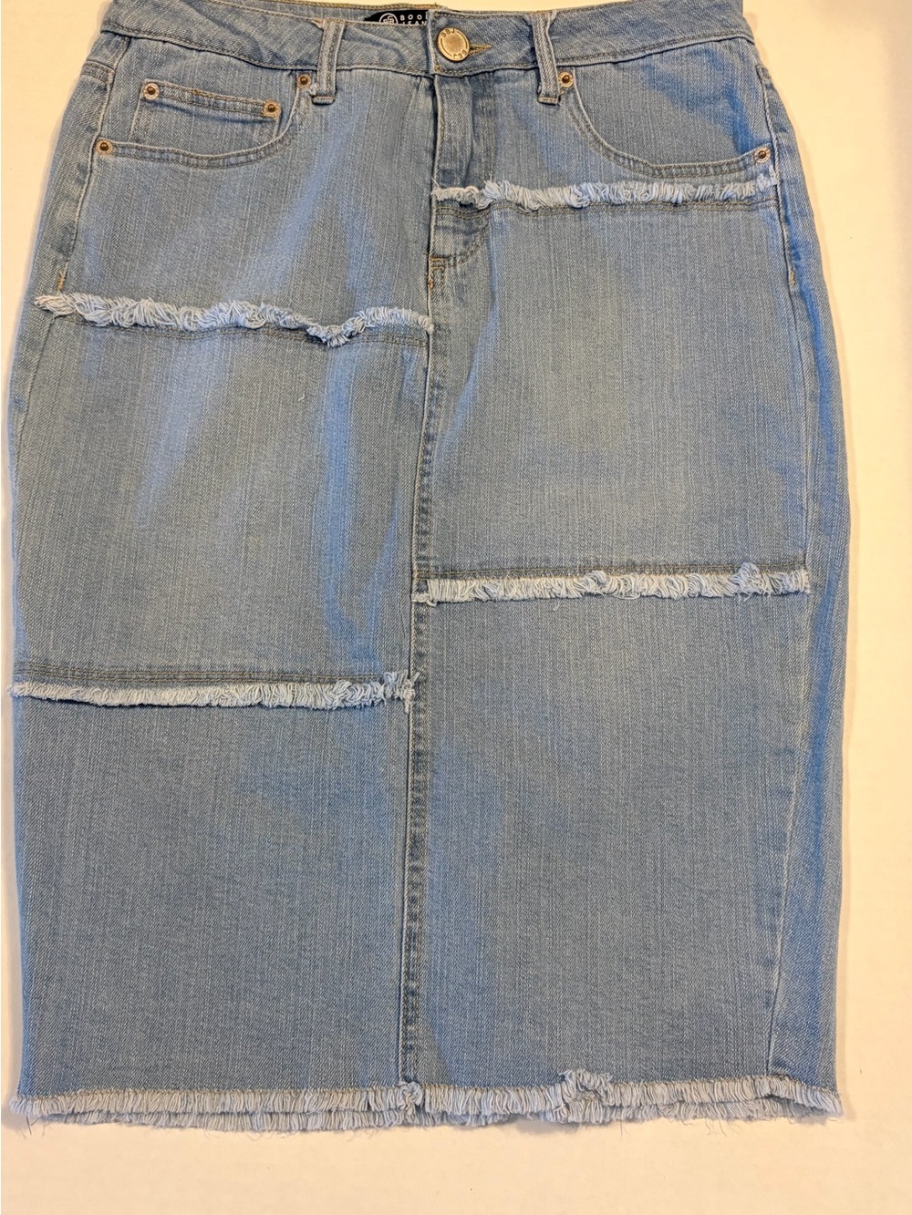 Boom Boom Jeans Light Blue Frayed Patchwork Denim Pencil Skirt